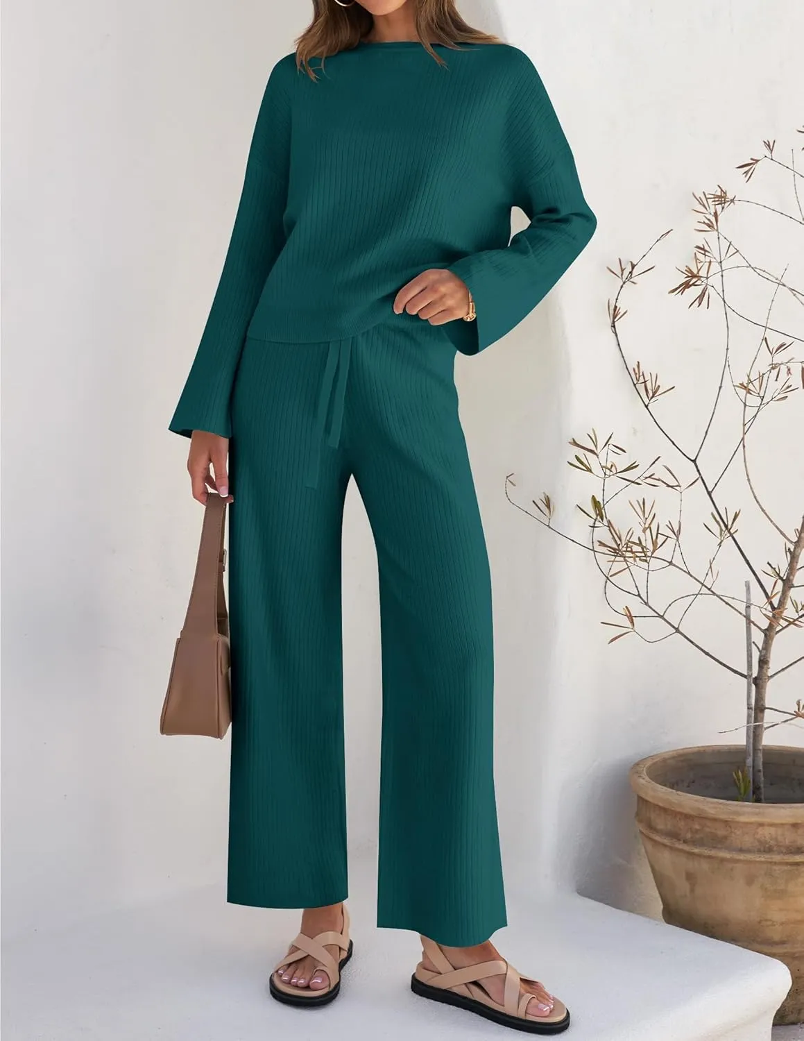 ZESICA Women's 2 Piece Outfits Set Casual Long Sleeve Knit Pullover Top and Wide Leg Pants Sweatsuit Lounge Sets