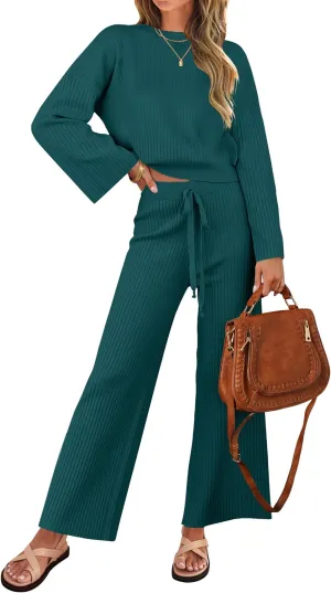 ZESICA Women's 2 Piece Outfits Set Casual Long Sleeve Knit Pullover Top and Wide Leg Pants Sweatsuit Lounge Sets